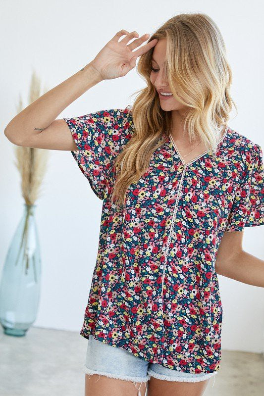 Floral Printed V-Neck Short Sleeve Top  (Online Only/Ships from USA)