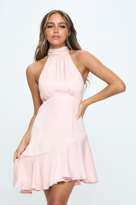 Halter Neck Satin Mini Dress  (Online Only/Ships from USA)