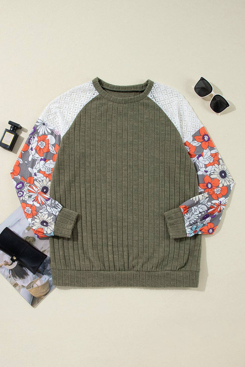 Floral Patchwork Raglan Sleeve Ribbed Blouse