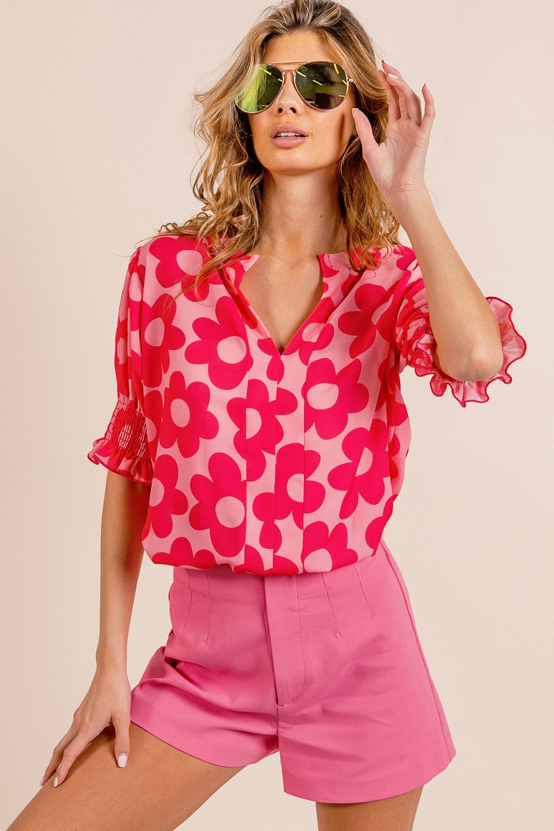 FLOWER PRINTED WOVEN SMOKING SLEEVES V NECK TOP