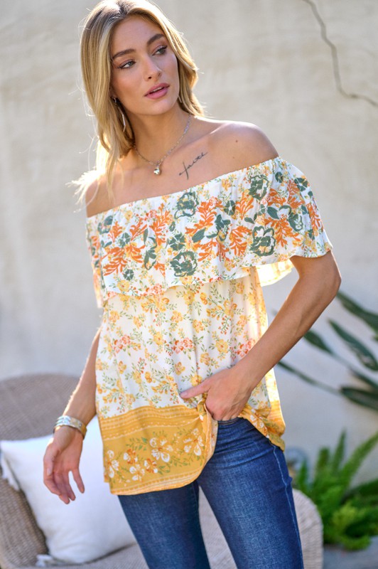 Printed Off Shoulder Smocked Top  (Online Only/Ships from USA)