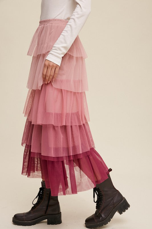 Gradient Style Tiered Mesh Maxi Skirt (Online Only)