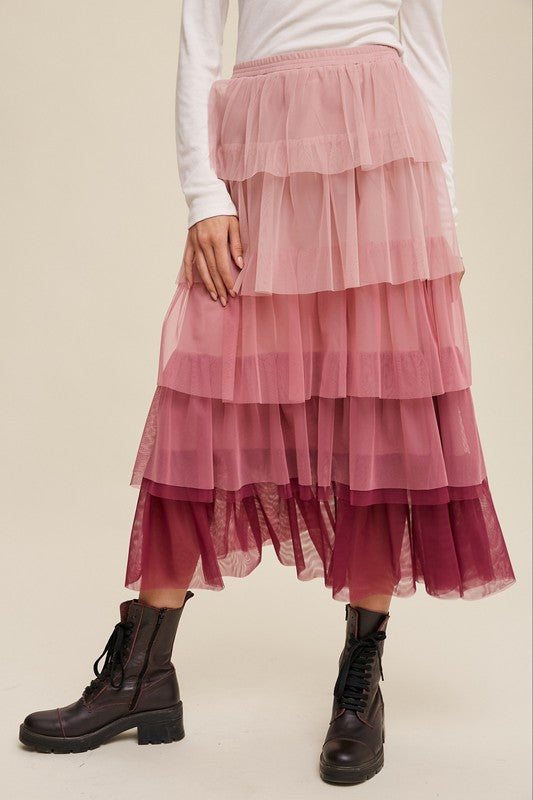 Gradient Style Tiered Mesh Maxi Skirt (Online Only)