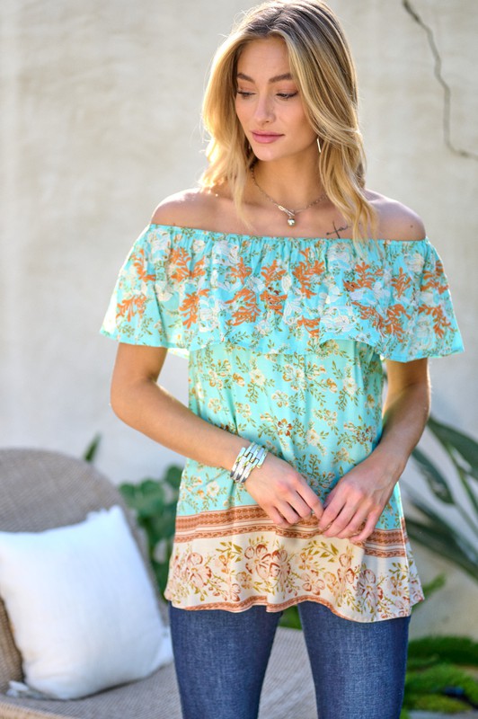 Printed Off Shoulder Smocked Top  (Online Only/Ships from USA)