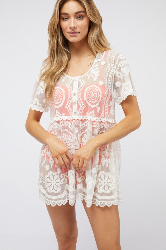 Crochet Round Neck Button Down Top  (Online Only/Ships from USA)