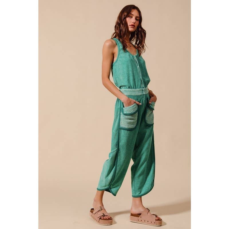 MINERAL WASHED BUTTON UP SCOOP NECK TERRY JUMPSUIT