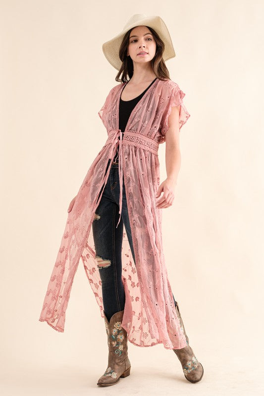 CHIFFON EMBROIDERY LACE KIMONO DUSTER CARDIGAN (Online Only/Ships from USA)