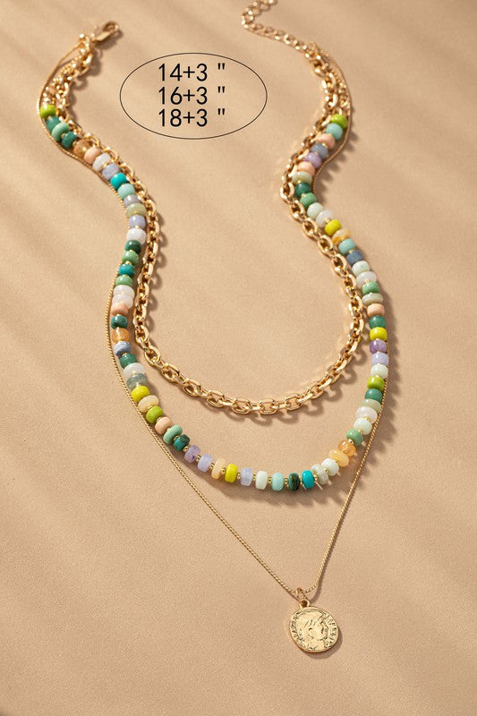 3 Row Green Tonal Chunky Bead Chain Necklace (Online Only)