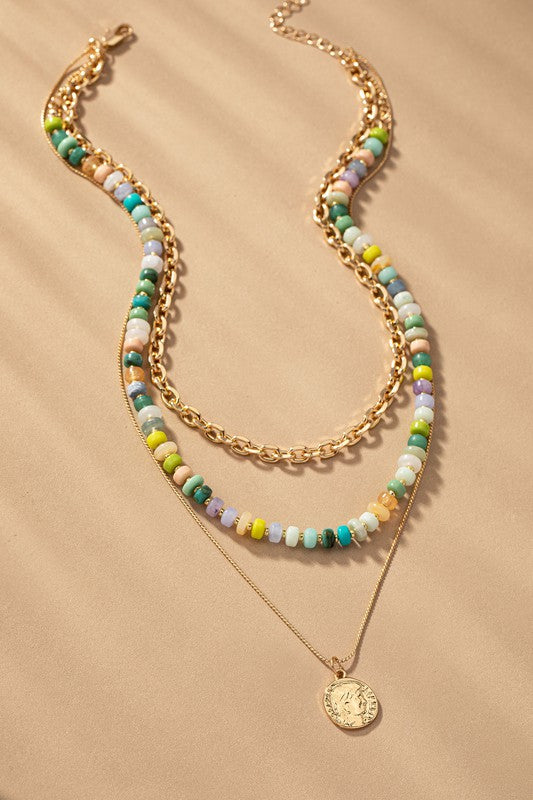 3 Row Green Tonal Chunky Bead Chain Necklace (Online Only)