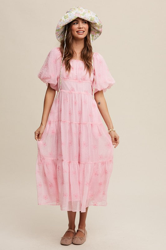 Flower Embroidered Puff Sleeve Tiered Maxi Dress