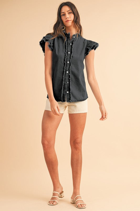 Button Front Ruffled Flutter Frayed Denim Top (Online Only/Ships from USA)