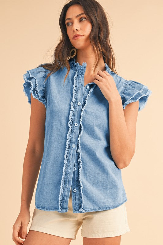 Button Front Ruffled Flutter Frayed Denim Top (Online Only/Ships from USA)