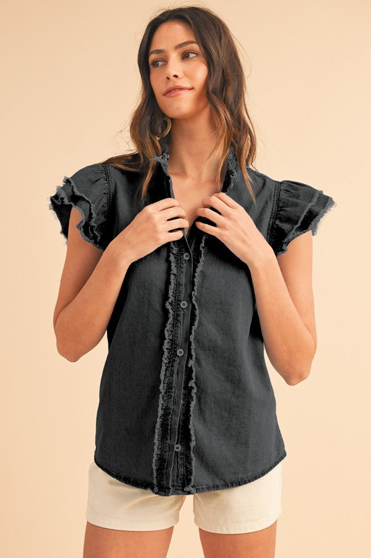 Button Front Ruffled Flutter Frayed Denim Top (Online Only/Ships from USA)