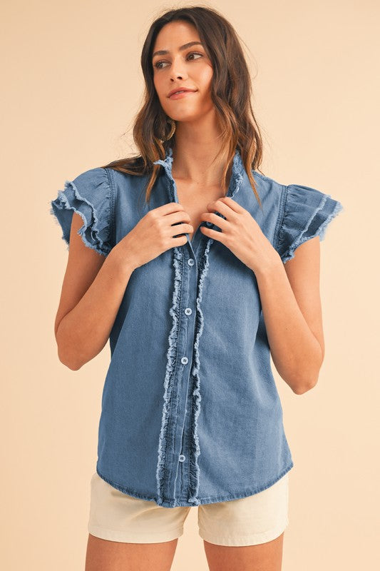 Button Front Ruffled Flutter Frayed Denim Top (Online Only/Ships from USA)