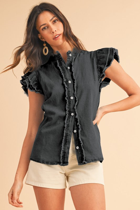 Button Front Ruffled Flutter Frayed Denim Top (Online Only/Ships from USA)