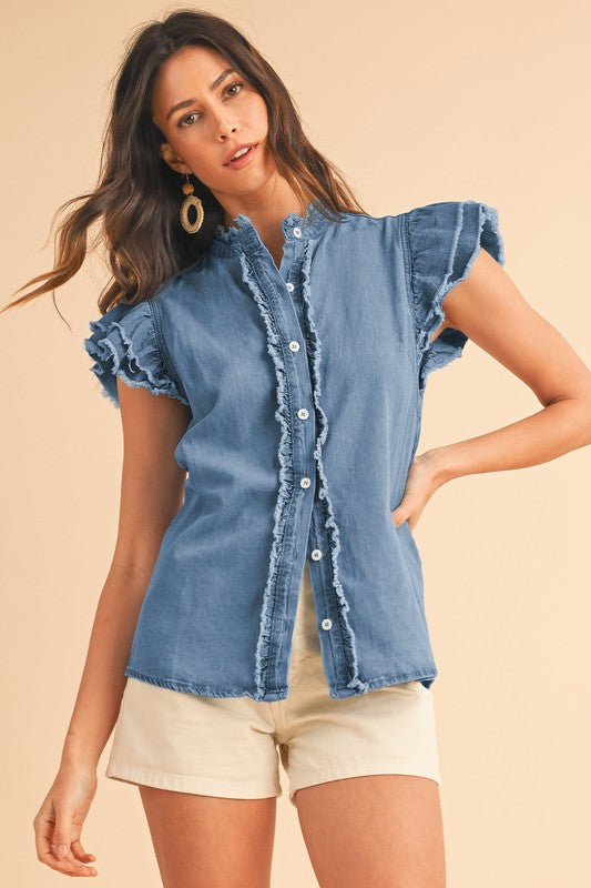 Button Front Ruffled Flutter Frayed Denim Top (Online Only/Ships from USA)