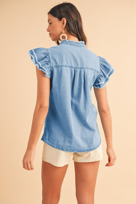 Button Front Ruffled Flutter Frayed Denim Top (Online Only/Ships from USA)