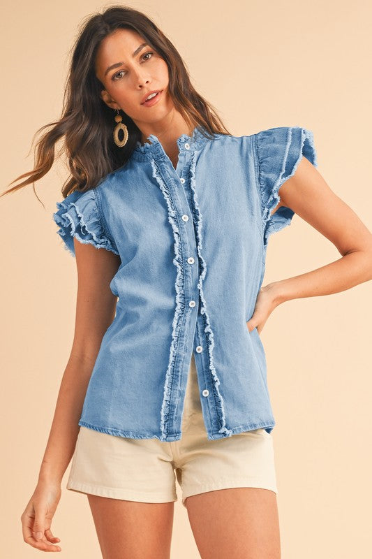 Button Front Ruffled Flutter Frayed Denim Top (Online Only/Ships from USA)