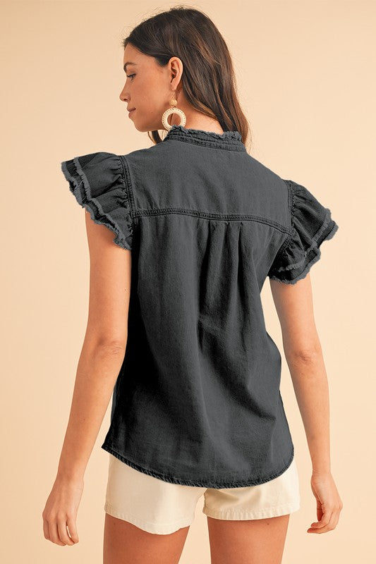 Button Front Ruffled Flutter Frayed Denim Top (Online Only/Ships from USA)