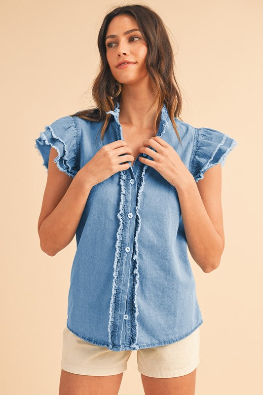 Button Front Ruffled Flutter Frayed Denim Top (Online Only/Ships from USA)