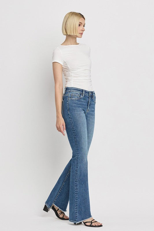 High Rise Slant Hem Flare Jeans (Online Only/Ships from USA)