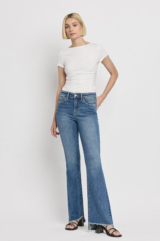 High Rise Slant Hem Flare Jeans (Online Only/Ships from USA)