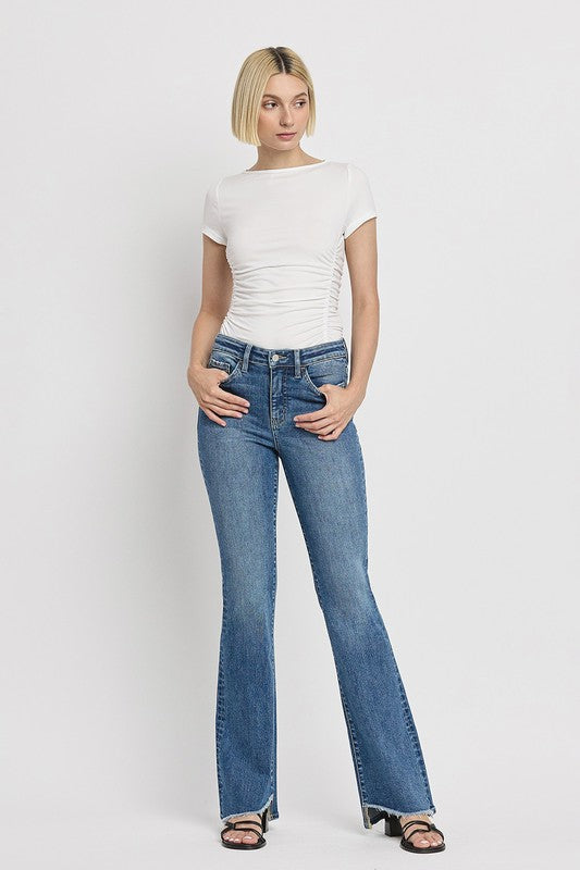 High Rise Slant Hem Flare Jeans (Online Only/Ships from USA)