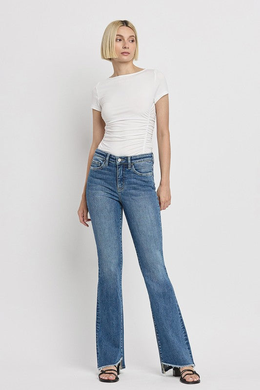 High Rise Slant Hem Flare Jeans (Online Only/Ships from USA)