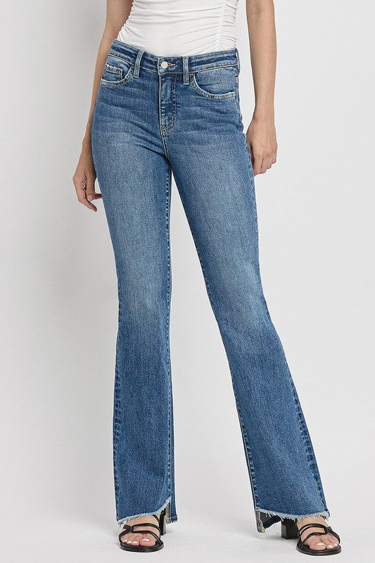 High Rise Slant Hem Flare Jeans (Online Only/Ships from USA)