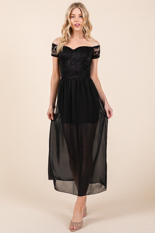 Lace Off Shoulder Chiffon Dress (Online Only/Ships from USA)