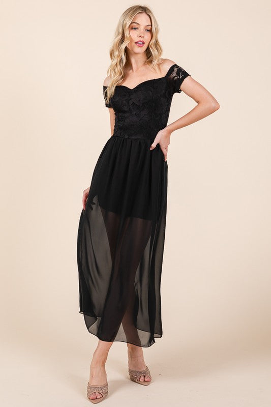 Lace Off Shoulder Chiffon Dress (Online Only/Ships from USA)