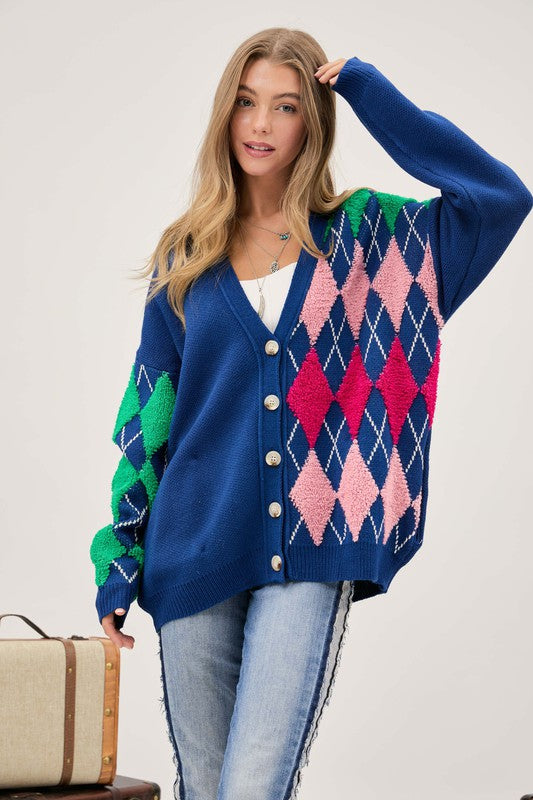 Plush Argyle Button Front Loose Fit Knit Cardigan  (Online Only/Ships from USA)