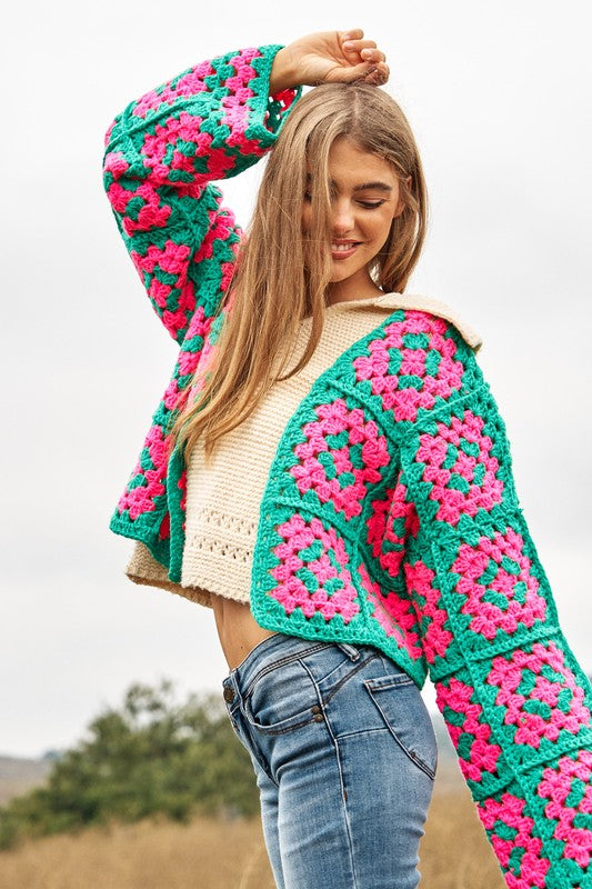 Two-Tone Floral Square Crochet Open Knit Cardigan (Online Only/Ships from USA)