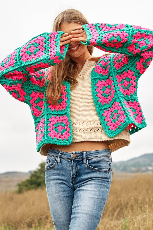 Two-Tone Floral Square Crochet Open Knit Cardigan (Online Only/Ships from USA)