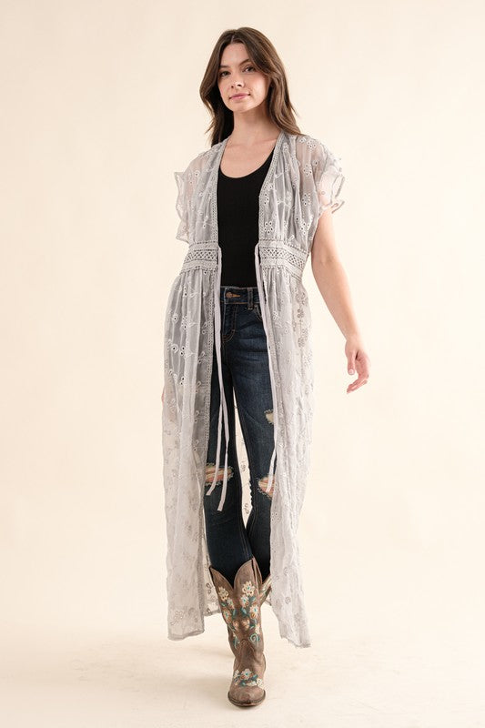 CHIFFON EMBROIDERY LACE KIMONO DUSTER CARDIGAN (Online Only/Ships from USA)