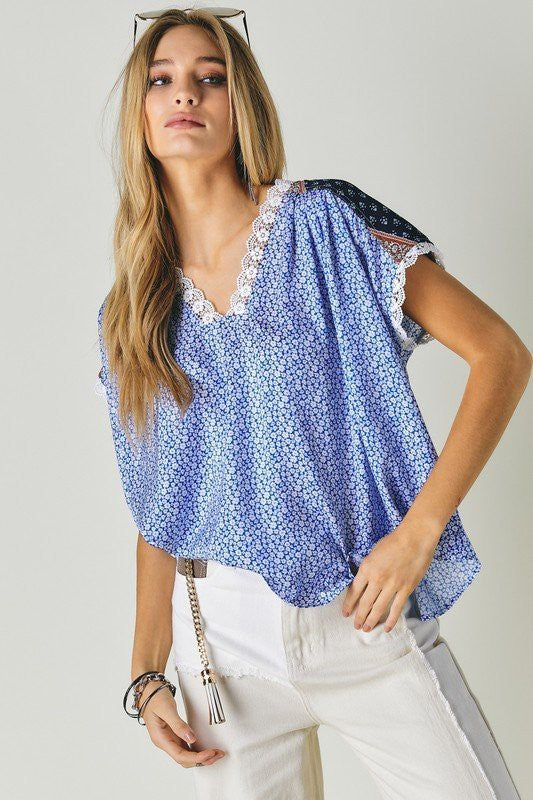 Printed Lace V-Neck Short Sleeve Loose Top  (Online Only/Ships from USA)