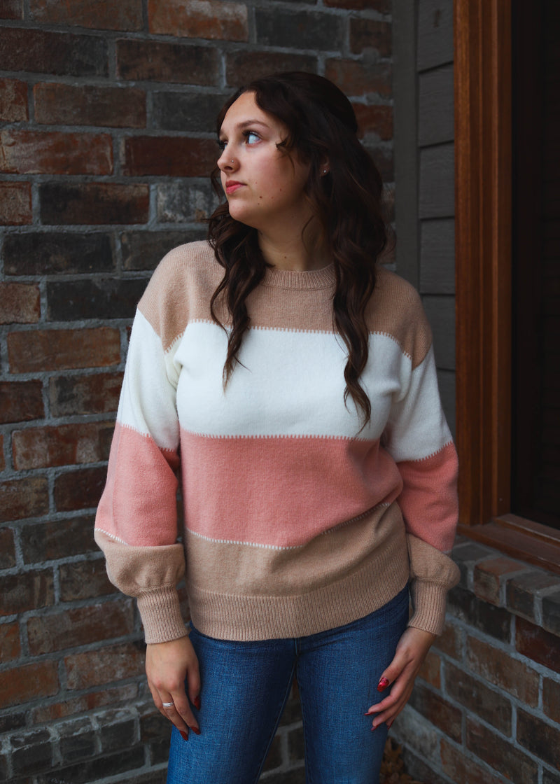 Dusty Pink Color Block Lantern Sleeve Drop Shoulder Sweater