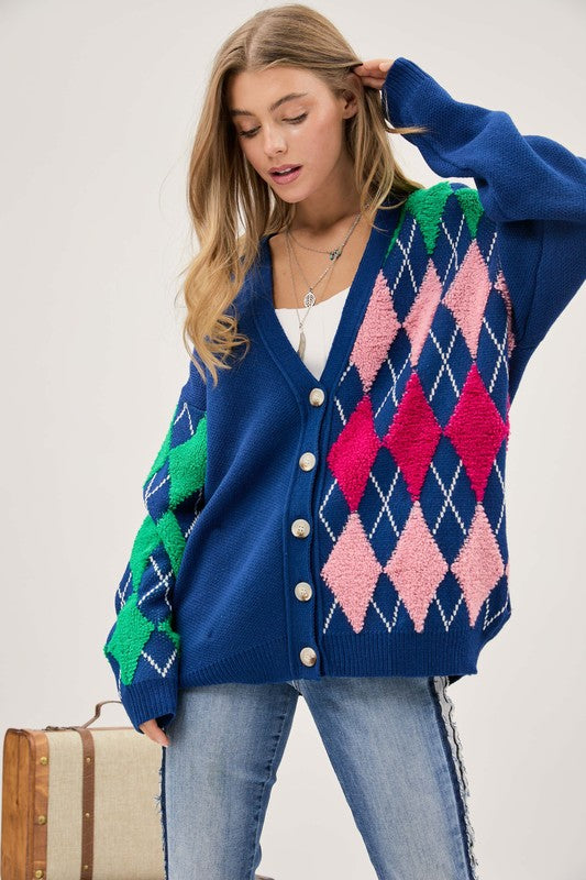 Plush Argyle Button Front Loose Fit Knit Cardigan  (Online Only/Ships from USA)