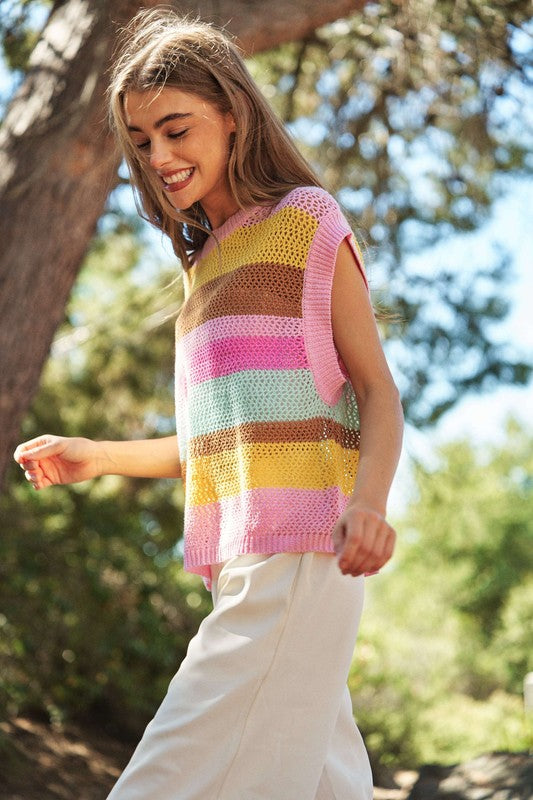 Crochet Multi Striped Pullover Knit Sweater Vest  (Online Only/Ships from USA)