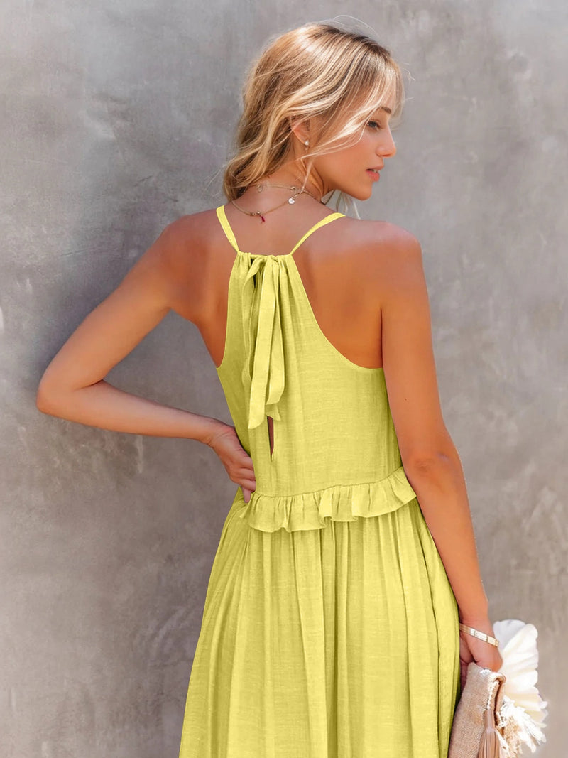 Ruffled Sleeveless Tiered Maxi Dress with Pockets (Online Only)