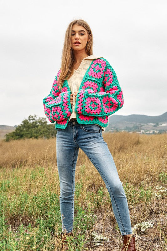 Two-Tone Floral Square Crochet Open Knit Cardigan (Online Only/Ships from USA)