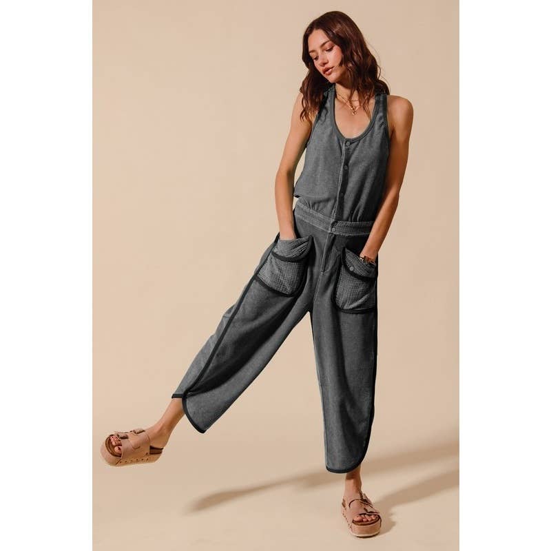 MINERAL WASHED BUTTON UP SCOOP NECK TERRY JUMPSUIT