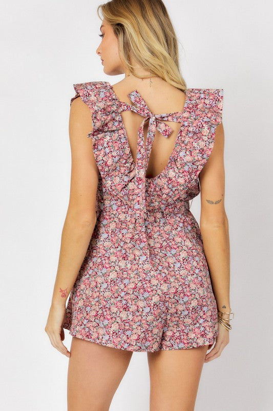 Printed Button Down V-Neck Mini Romper  (Online Only/Ships from USA)