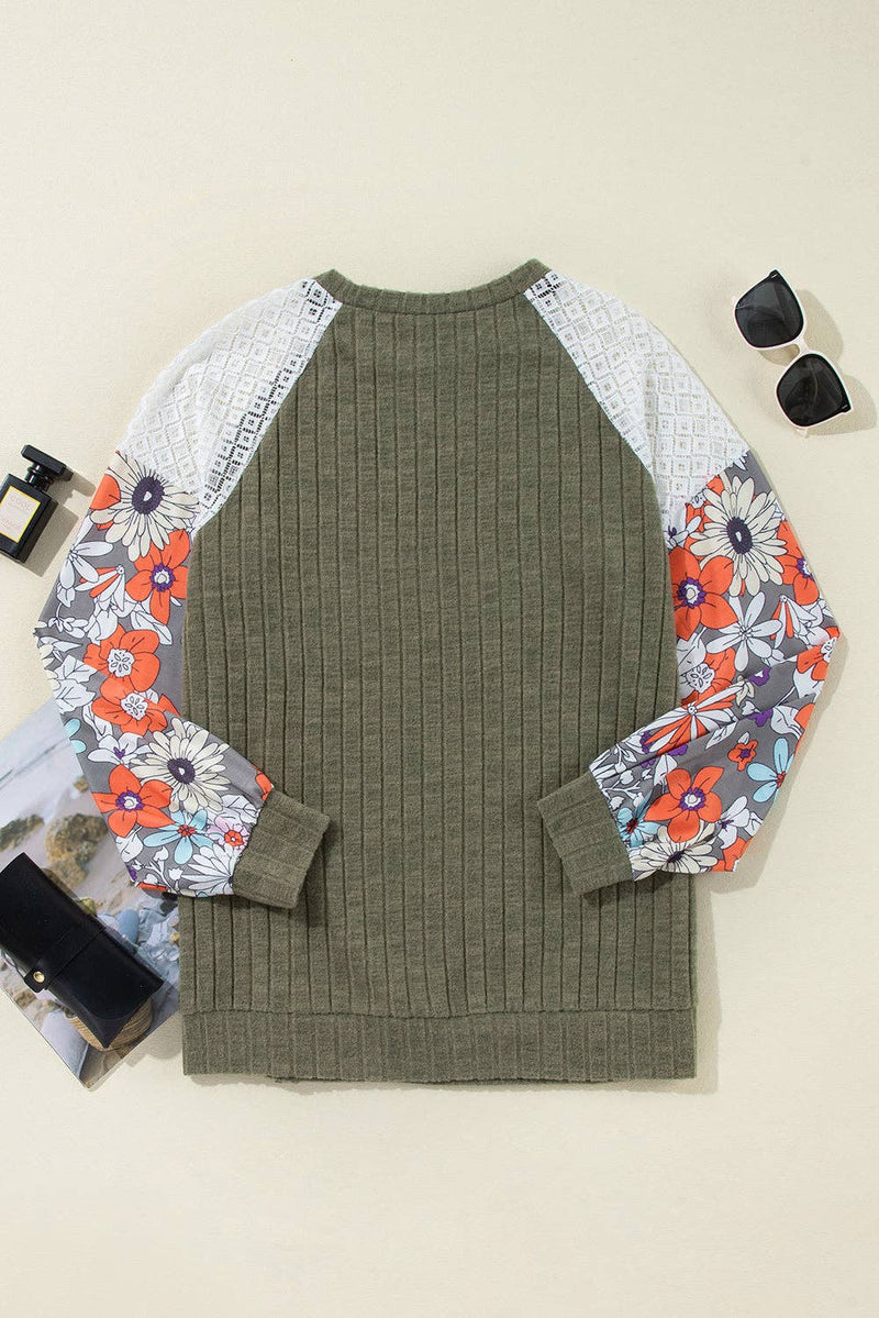 Floral Patchwork Raglan Sleeve Ribbed Blouse