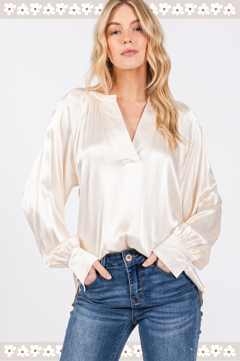 Notched Long Sleeve Blouse (Online Only/Ships from USA)