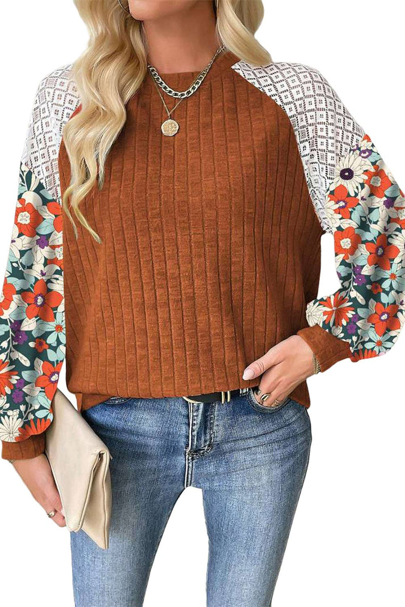 Floral Patchwork Raglan Sleeve Ribbed Blouse