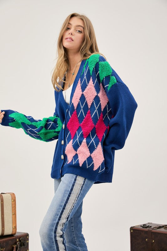 Plush Argyle Button Front Loose Fit Knit Cardigan  (Online Only/Ships from USA)