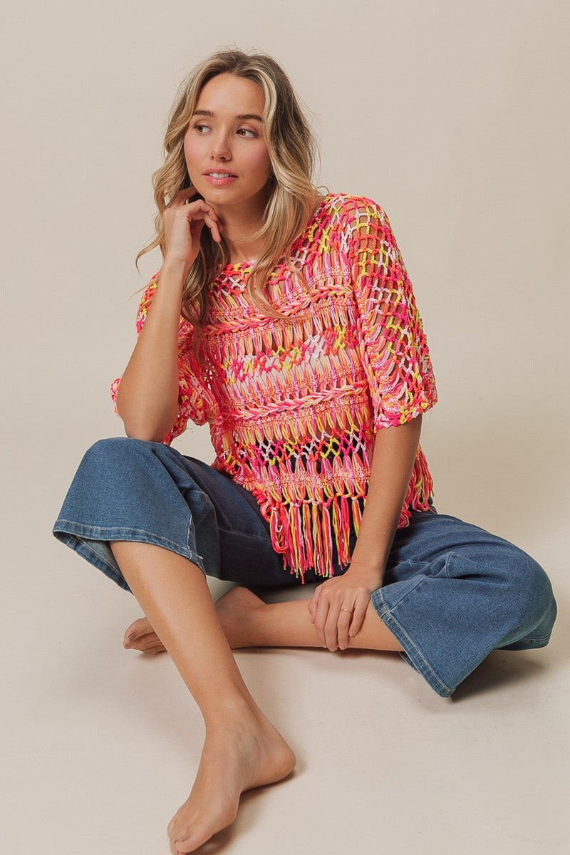 Openwork Fringed Knit Cover Up (Online Only/Ship from USA)