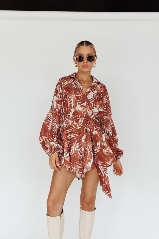 Leaves Print Puff Sleeved Romper  (Online Only/Ships from USA)