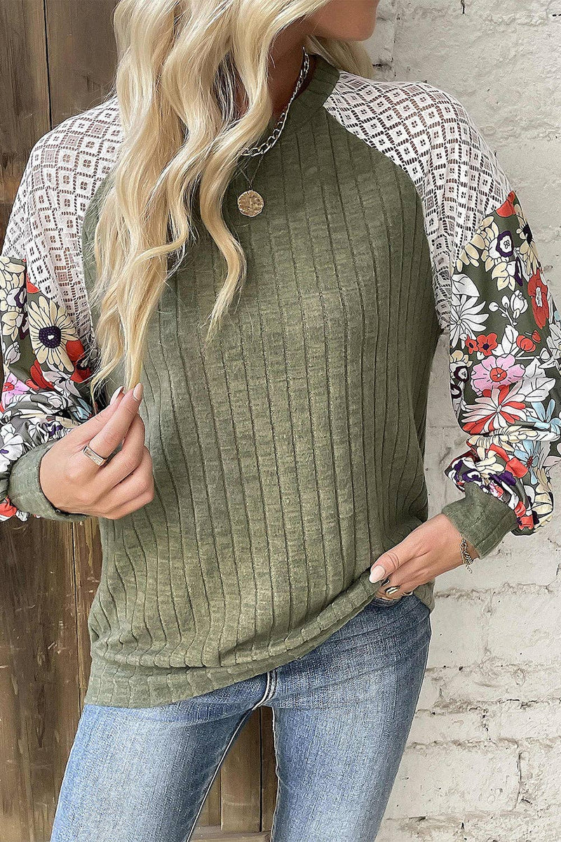 Floral Patchwork Raglan Sleeve Ribbed Blouse